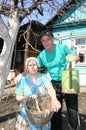 Happy elderly married couple at the cottage home in russia