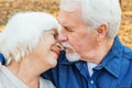 Happy elderly man and woman sitting on a bench in autumn day. Relaxed senior couple sitting on a park bench. Grandfather gently Royalty Free Stock Photo