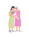 Happy elderly mother with adult daughter flat color vector detailed characters