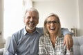 Happy elderly retired couple video call screen head shot portrait Royalty Free Stock Photo