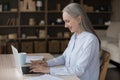 Happy elderly retired freelance business woman typing on laptop Royalty Free Stock Photo