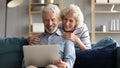 Happy middle-aged couple relax at home using laptop Royalty Free Stock Photo