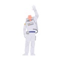 Happy elderly senior cosmonaut cartoon character wearing spacesuit waving hand enjoying space trip