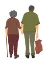 Happy elderly seniors couple holding hands together vector illustration isolated. Old man person walking with stick