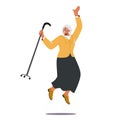 Happy Elderly Woman with Walking Cane Jump and Feel Excitement Isolated on White Background. Positive Senior Character