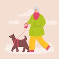 Happy  elderly woman  walking with dog in cold winter park. Walk Your Dog Month.  Outdoor activity with pet. Trendy vector Royalty Free Stock Photo