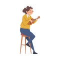 Happy Elderly WomanSitting on Chair Playing Ukulele Musical Instrument Cartoon Style Vector Illustration