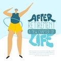 The happy elderly women silver character, senior twist hula hoop on waist. Illustration with lettering AFTER Retirement Royalty Free Stock Photo