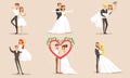 Happy Elegant Just Married Couples Set, Newlywed Bride and Groom at Marriage Ceremony Vector Illustration Royalty Free Stock Photo