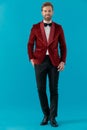 Happy elegant man wearing red velvet tuxedo and smiling Royalty Free Stock Photo
