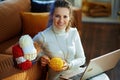 Happy elegant woman with yarn learn how to knit Royalty Free Stock Photo