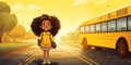 Happy Elementary Student Girl Preparing to Board School Bus. Generative ai