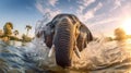 Happy elephant bathing in river. Generative Ai