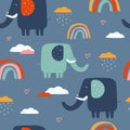 Happy elephants, clouds, rainbow, decorative cute background. Colorful seamless pattern with animals Royalty Free Stock Photo