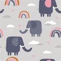 Happy elephants, clouds, rainbow, decorative cute background. Colorful seamless pattern with animals Royalty Free Stock Photo