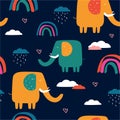 Happy elephants, clouds, rainbow, decorative cute background. Colorful seamless pattern with animals Royalty Free Stock Photo