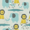 Happy elephants, crocodiles, lions, decorative cute background. Colorful seamless pattern with animals Royalty Free Stock Photo