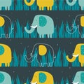 Happy elephants in grass, decorative cute background. Colorful seamless pattern with animals Royalty Free Stock Photo