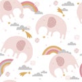 Colorful seamless pattern with happy elephants, sky. Decorative cute background with funny animals, rainbow Royalty Free Stock Photo