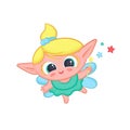 Happy elf fairy with wings. Cute blond girl good sorceress in dress and with magic wand conjuring stars vector fantastic