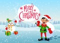 Happy Elf and Snowman Winter Background Royalty Free Stock Photo