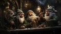 Happy elves having fun at Christmas night, helpers of Santa Claus celebrate at table in winter, funny bearded characters rejoicing