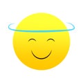 Happy emoji with halo. Angelic smile, serene face. Blissful yellow expression. Vector illustration. EPS 10.