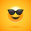 Happy emoji smile in sunglass. Yellow round emoticon cartoon character isolated illustration