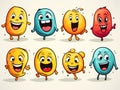 8 happy Emojis different expressions in hand-drawn style