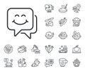 Smile face line icon. Happy emoticon chat sign. Speech bubble. Crepe, sweet popcorn and salad. Vector