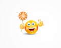 Happy emoticon showing thumb up holding sweet twisted candy lollipop with Halloween striped pattern on wooden stick