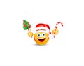 Happy emoticon wearing a santa claus hat holding sweet twisted striped candies isolated on white background. Vector