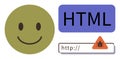 Happy emotion face paired with HTML text and warning sign for cybersecurity and web coding concepts Royalty Free Stock Photo