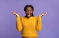 Happy Emotion. Joyful Black Woman In Yellow Sweater Exclaiming With Excitement