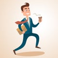 Happy employee is running with morning coffee