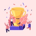Happy Employees Laughing with Hands Up around of Huge Gold Cup with Confetti Flying around People Rejoice for New Project Royalty Free Stock Photo