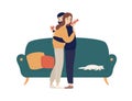 Happy enamored man and woman hugging exchanging festive presents vector flat illustration. Smiling couple celebrating
