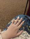 Happy Engagement. Ring, hand, Batik, Indonesia. Royalty Free Stock Photo