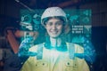 happy engineer female worker using advance technology digital hologram infographics touch panel in industry factory