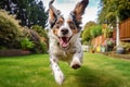 A Happy enthusiastic dog jumping in a garden