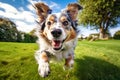 A Happy enthusiastic dog jumping in a garden house