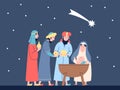Happy epiphany banner. Three wise men with gifts for baby jesus, flat religion or mythology scene. Holy festival of Royalty Free Stock Photo