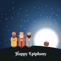 Happy Epiphany Day. Christian festival. Three kings bringing gifts to Jesus. Flat vector illustration