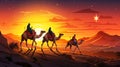 Happy epiphany day design. Silhouette of three wise men on camels in desert. Bright Bethlehem star, nativity of Jesus concept. Royalty Free Stock Photo