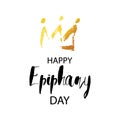 Happy Epiphany day greeting card with hand drawn golden crown and realistic stars. Royalty Free Stock Photo