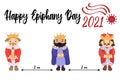 Happy epiphany day 2021 - text. Sarcastic funny greeting card about coronavirus. Cute Three kings or wise men with gifts keeping