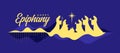 Happy Epiphany - gold nativity of Jesus scene and Three wise men on abstract moutain curve and bluish purple background vector