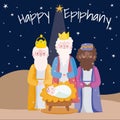 Happy epiphany, three wise kings with baby jesus desert night card Royalty Free Stock Photo