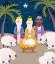 Happy epiphany, three wise kings baby jesus and sheeps