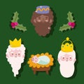 Happy epiphany, three wise kings faces and baby jesus green background Royalty Free Stock Photo